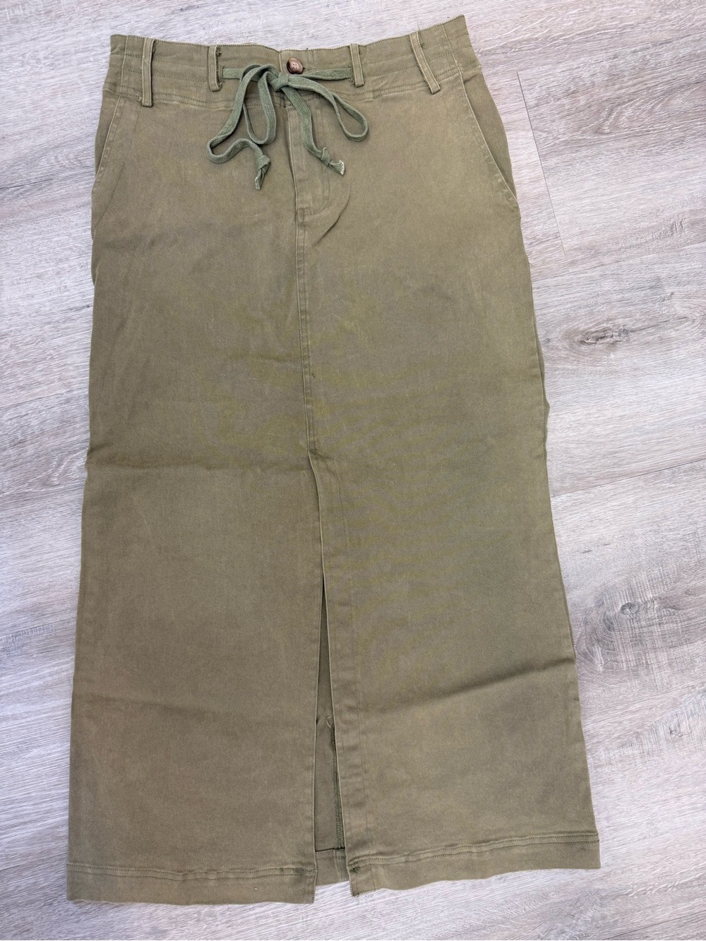 In Loom Olive Green Midi Skirt Front Slit Stretch Size Medium
